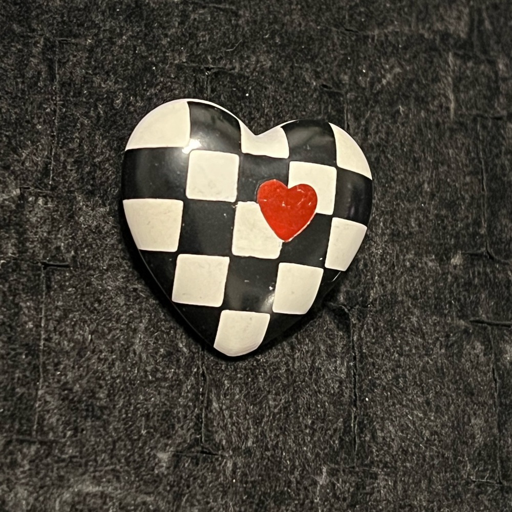 Vintage 80’s Checkered Heart Brooch with Red Accent